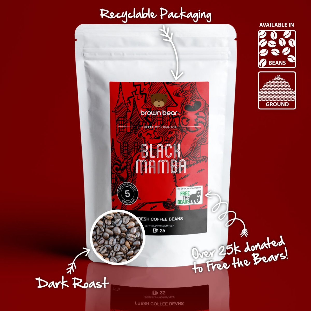 Black Mamba Strong Coffee, Strength 5, Dark Roast - Brown Bear Coffee
