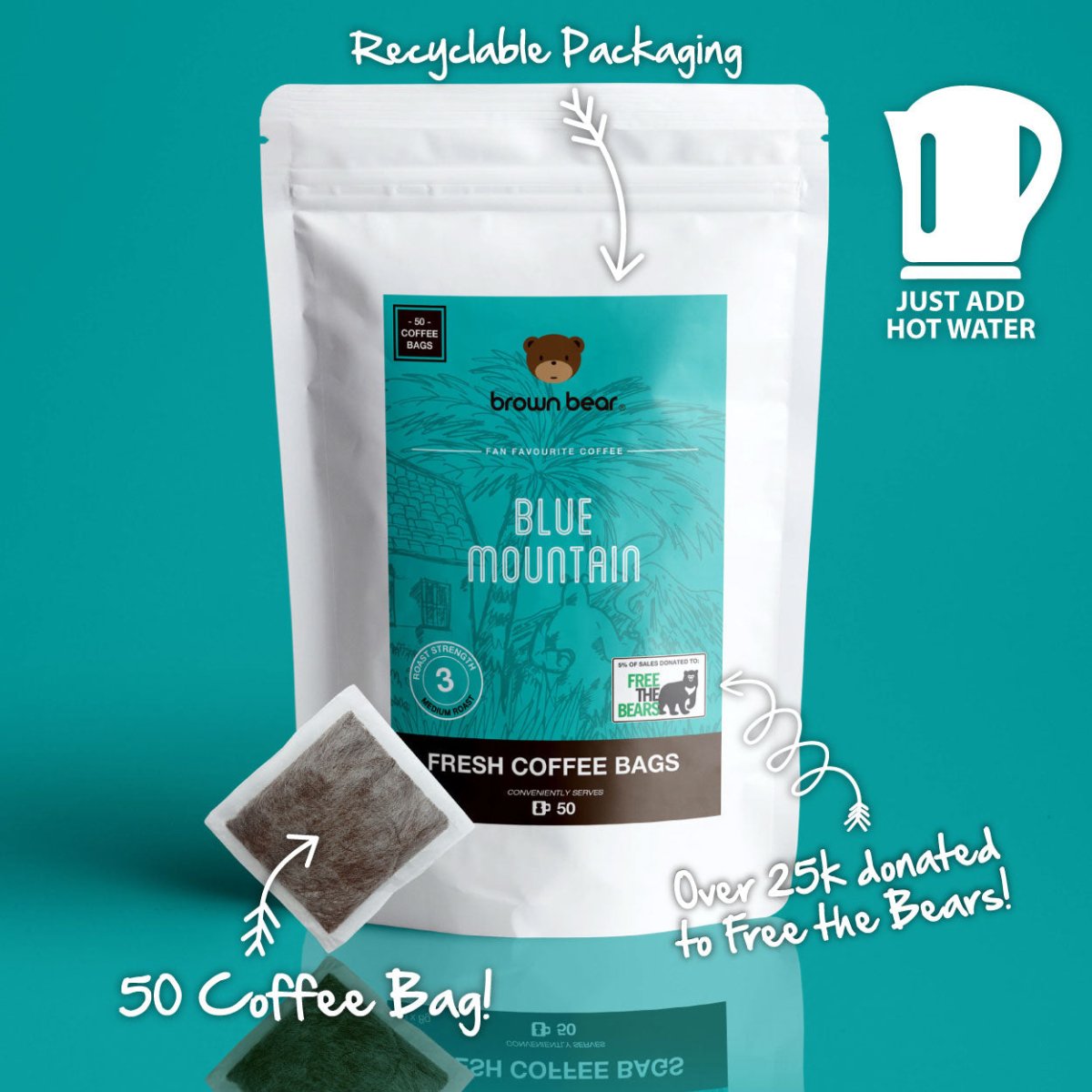 Blue Mountain Coffee Bags, Strength 3, Medium Roast - Brown Bear Coffee