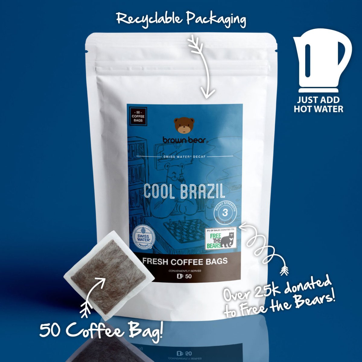 Cool Brazil Swiss Water Decaf Coffee Bags, Strength 3, Medium Roast - Brown Bear Coffee