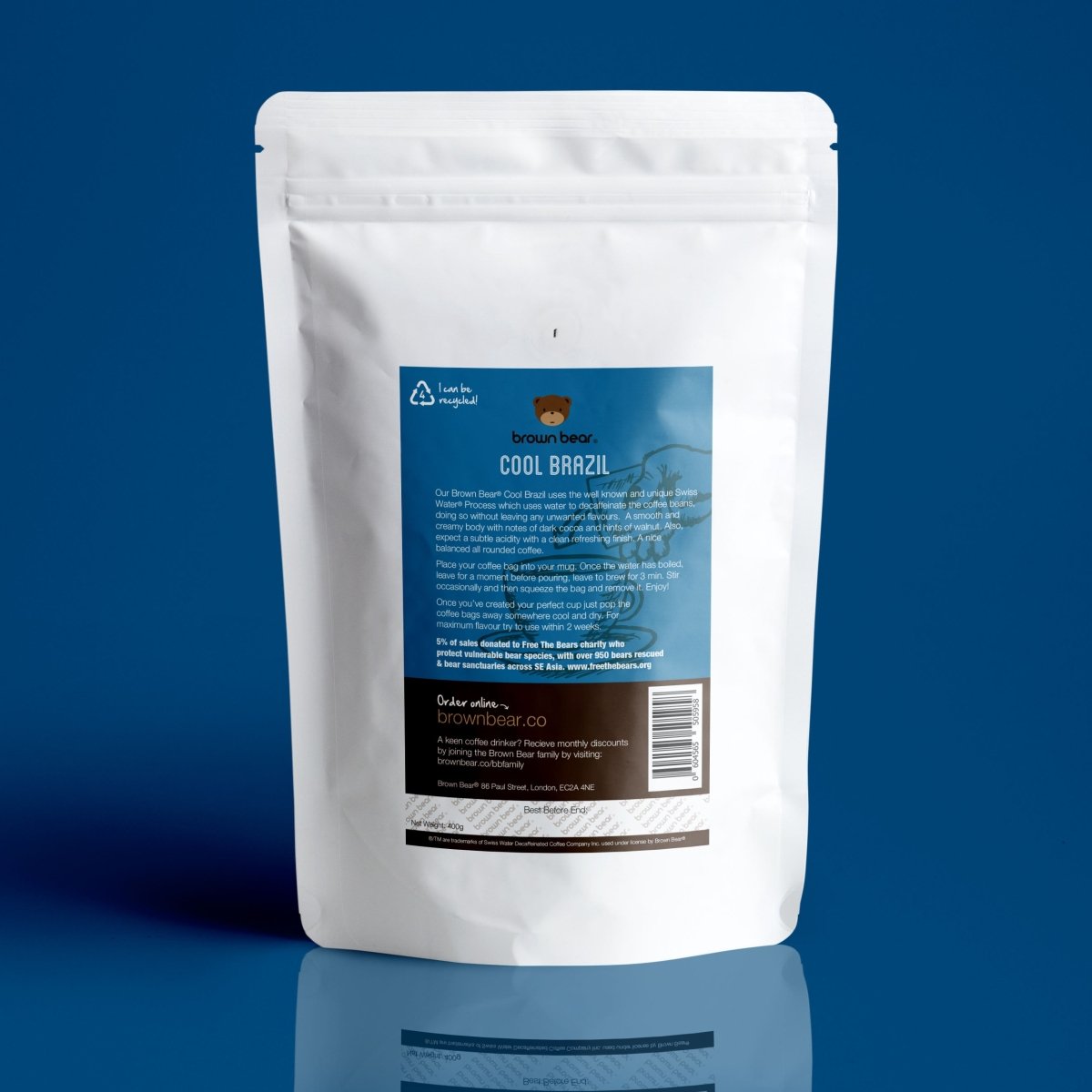 Cool Brazil Swiss Water Decaf Coffee Bags, Strength 3, Medium Roast - Brown Bear Coffee