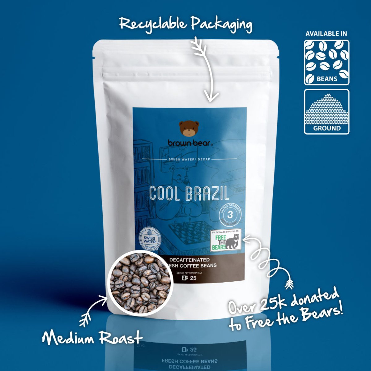 Cool Brazil Swiss Water Decaf Coffee, Strength 3, Medium Roast - Brown Bear Coffee