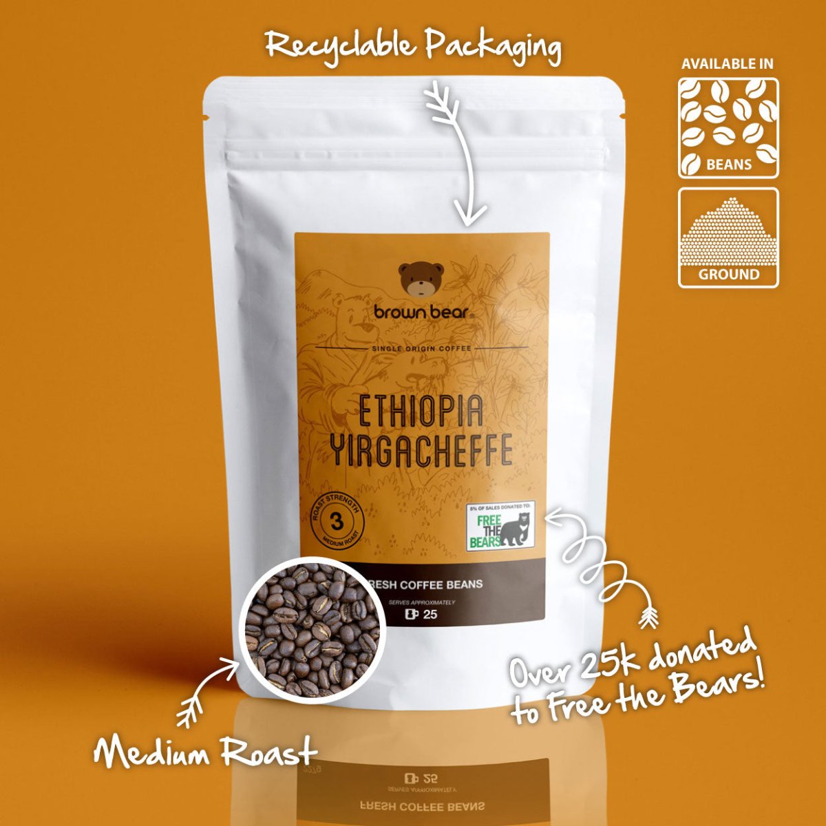 Ethiopian Yirgacheffe Coffee, Strength 3, Medium Roast - Brown Bear Coffee