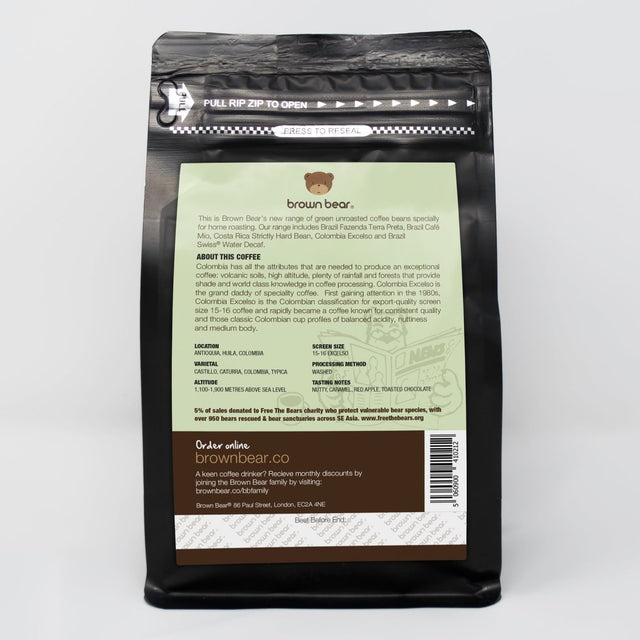 Green Unroasted Coffee Beans | Colombia Excelso | For the Home Roaster, 227g - Brown Bear Coffee