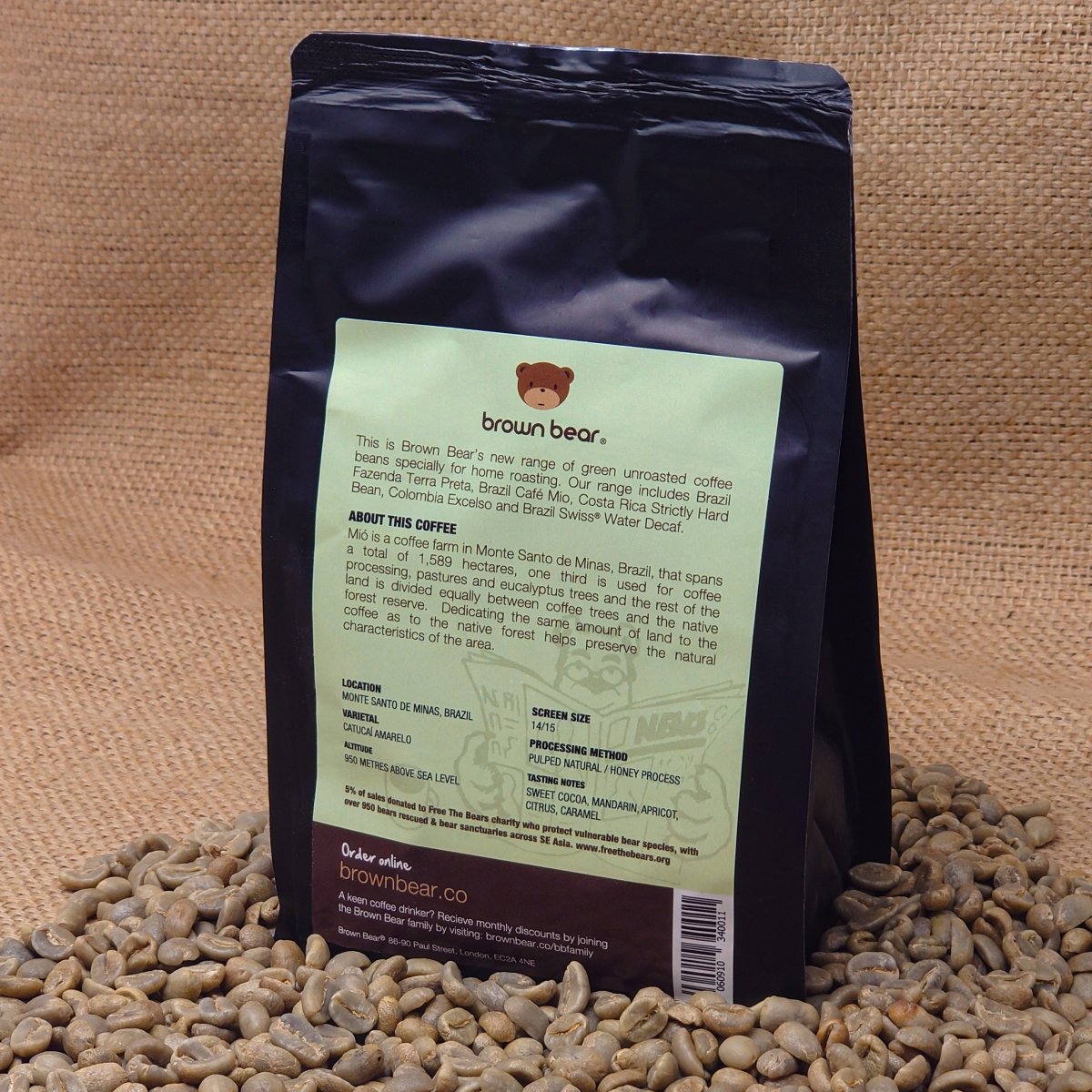Green Unroasted Coffee | Brazil Cafe Mio | For the Home Roaster, 227g - Brown Bear Coffee