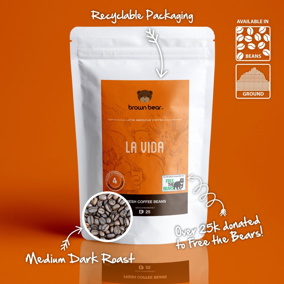 La Vida Espresso Coffee, Strength 4, Medium Dark Roast - Brown Bear Coffee