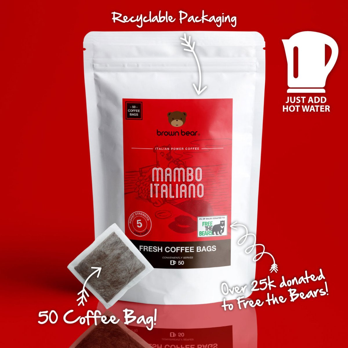 Mambo Italiano Coffee Bags, Strength 5, Dark Roast - Brown Bear Coffee