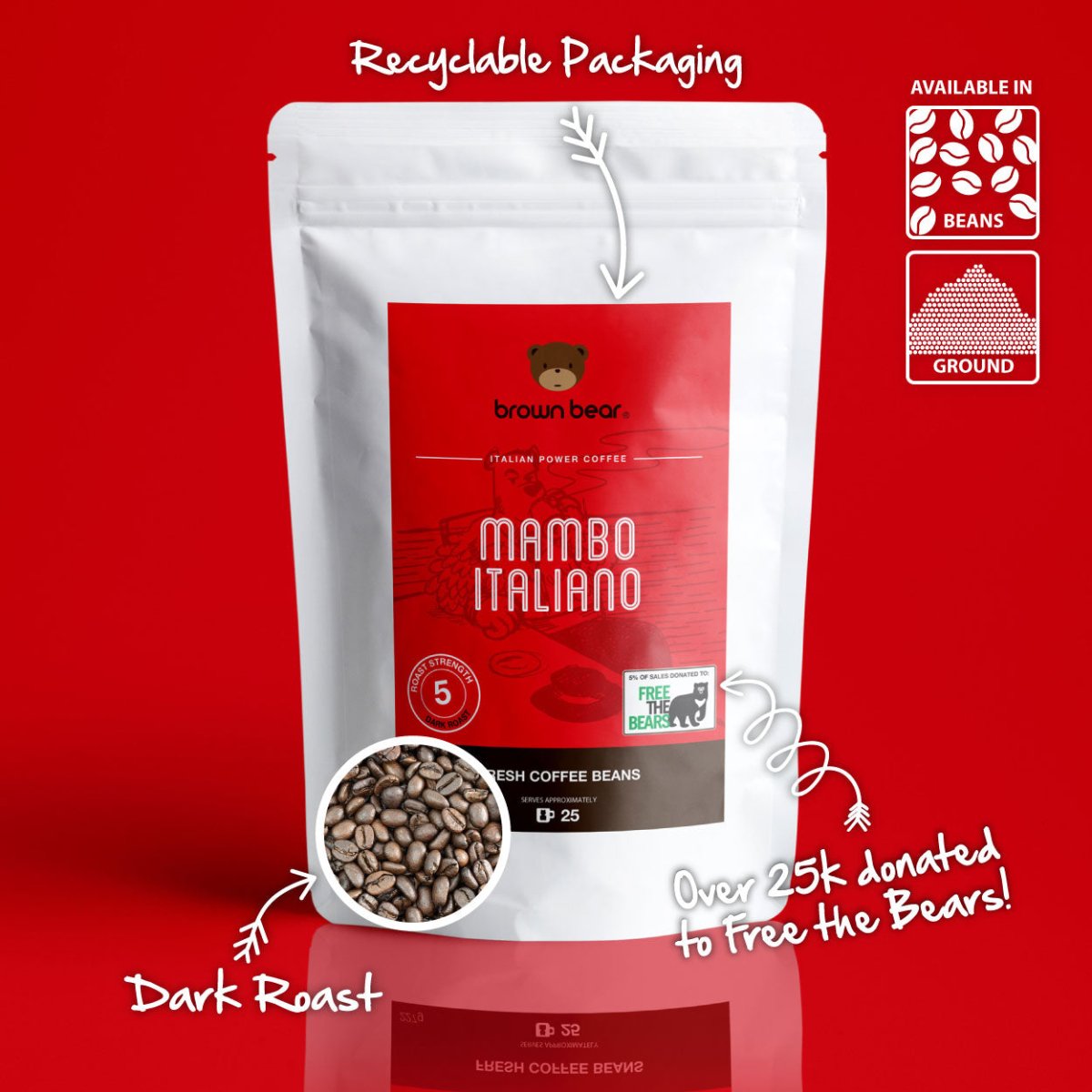 Mambo Italiano Espresso Coffee, Strength 5, Dark Roast - Brown Bear Coffee